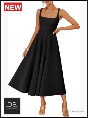 Sleeveless Square Neck Midi Dress with Pockets A-Line Flowy Long Dress Summer